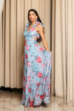 Φόρεμα maxi με floral print και βολάν στους ώμους τιρκουάζ