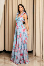 Φόρεμα maxi με floral print και βολάν στους ώμους τιρκουάζ