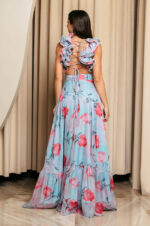Φόρεμα maxi με floral print και βολάν στους ώμους τιρκουάζ