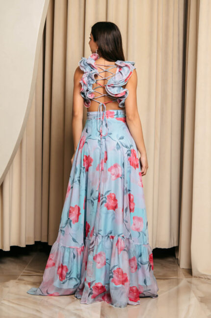 Φόρεμα maxi με floral print και βολάν στους ώμους τιρκουάζ