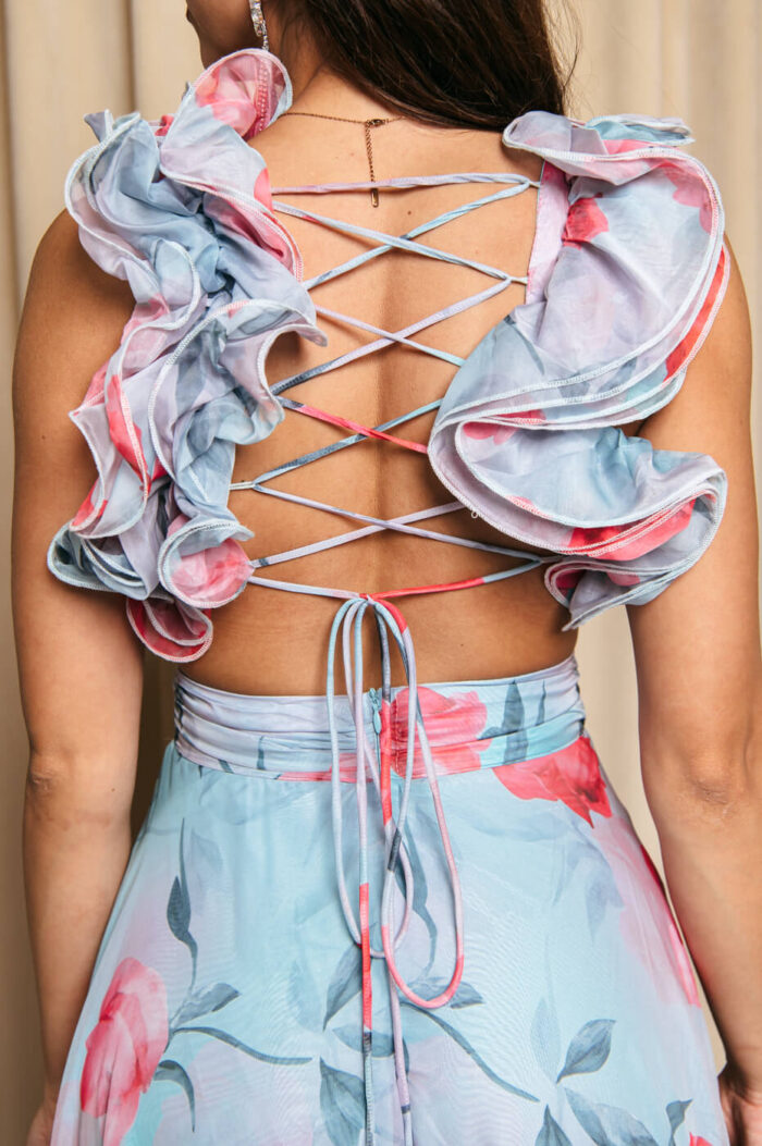 Φόρεμα maxi με floral print και βολάν στους ώμους τιρκουάζ