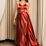 Φόρεμα maxi Ταφτάς Γυαλιστερός με v ντεκολτέ καμένο πορτοκαλί