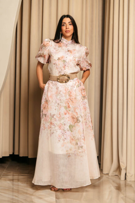 Σετ floral πουκάμισο με balloon μανίκια και φούστα εκρού