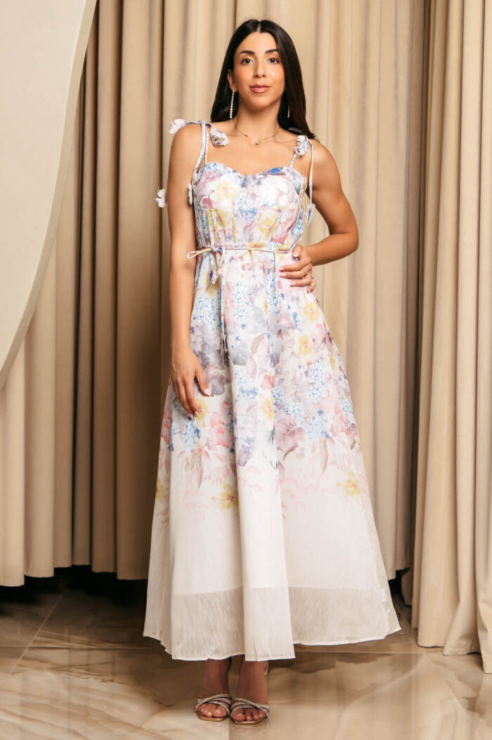 Φόρεμα midi με floral print εκρού και διακοσμητικές πεταλούδες