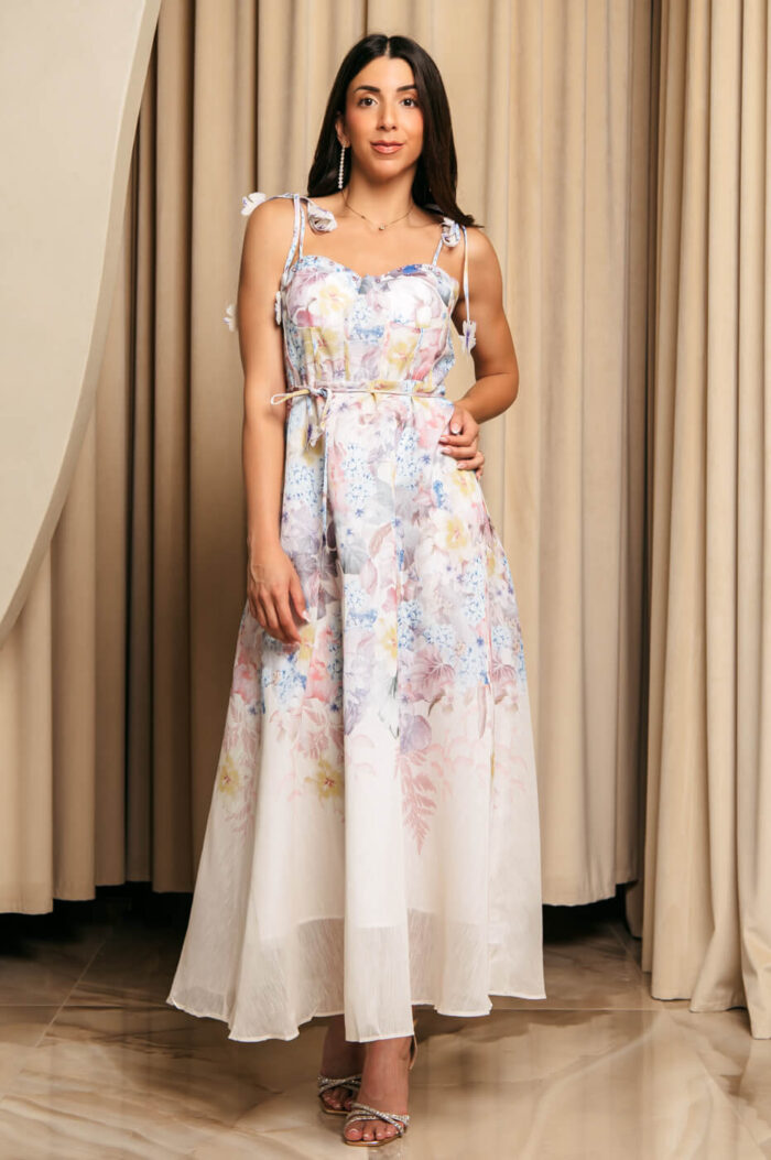 Φόρεμα midi με floral print εκρού και διακοσμητικές πεταλούδες