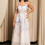 Φόρεμα midi με floral print εκρού και διακοσμητικές πεταλούδες