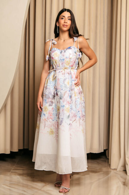 Φόρεμα midi με floral print εκρού και διακοσμητικές πεταλούδες