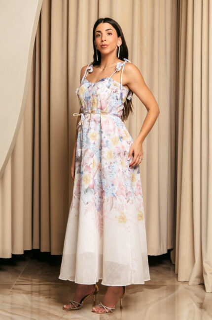 Φόρεμα midi με floral print εκρού και διακοσμητικές πεταλούδες