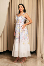 Φόρεμα midi με floral print εκρού και διακοσμητικές πεταλούδες
