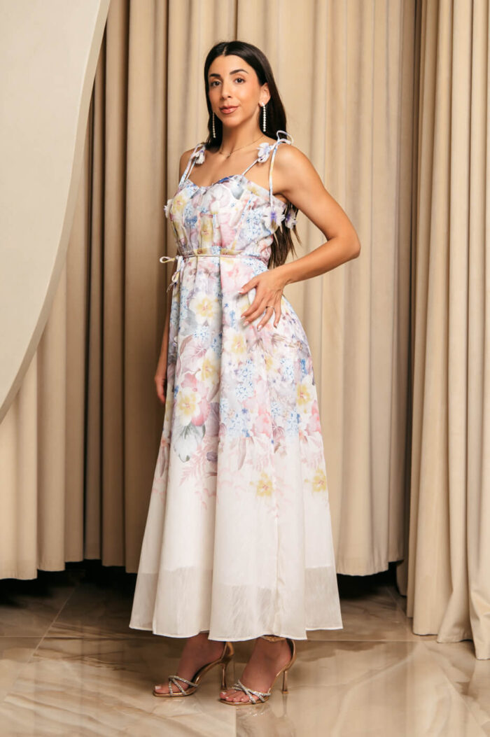 Φόρεμα midi με floral print εκρού και διακοσμητικές πεταλούδες