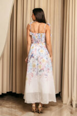 Φόρεμα midi με floral print εκρού και διακοσμητικές πεταλούδες