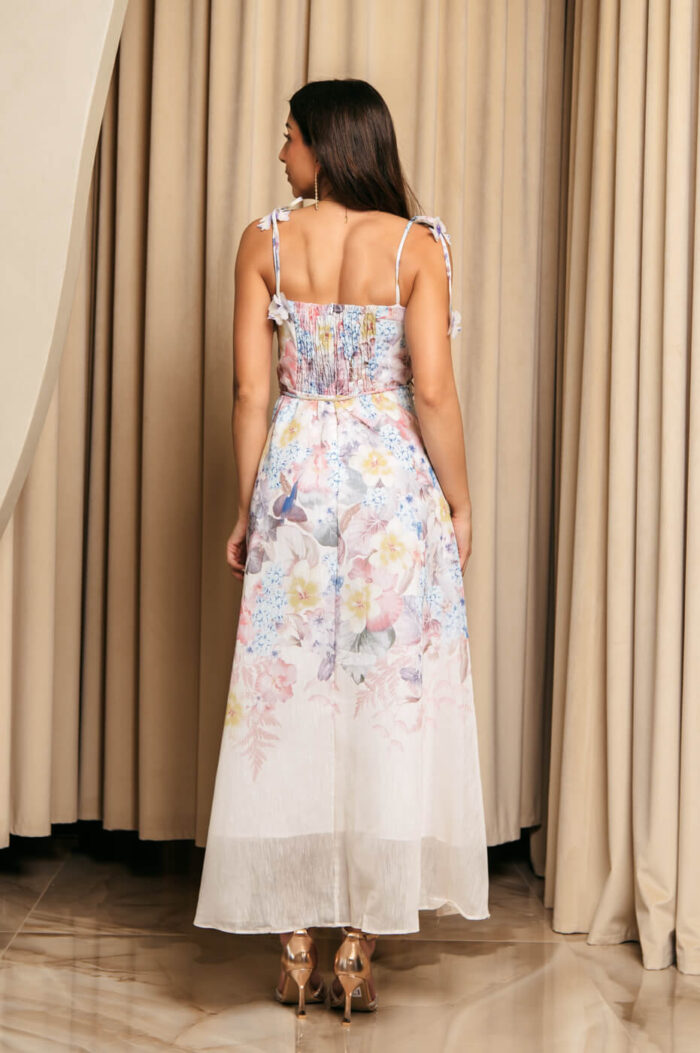 Φόρεμα midi με floral print εκρού και διακοσμητικές πεταλούδες