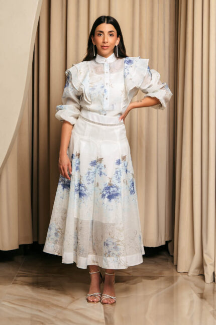 Σετ floral πουκάμισο με βολάν και φούστα εκρού