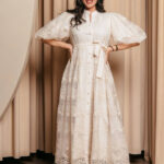 Φόρεμα maxi balloon μανίκια κεντημένο floral εκρού