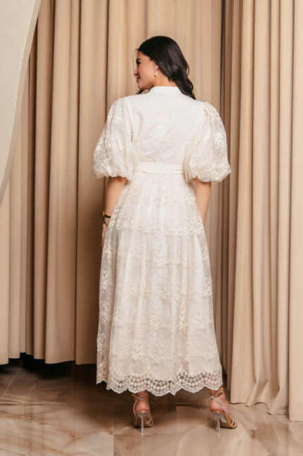 Φόρεμα maxi balloon μανίκια κεντημένο floral εκρού