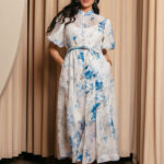 Φόρεμα maxi floral balloon μανίκια με στρας μπλε εκρού