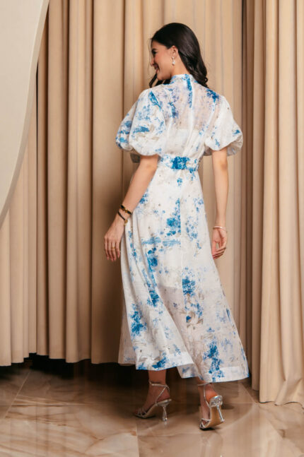 Φόρεμα maxi floral balloon μανίκια με στρας μπλε εκρού