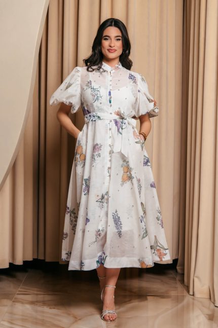 Φόρεμα maxi floral balloon μανίκια με στρας εκρού