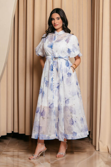 Φόρεμα maxi floral balloon μανίκια με στρας λιλά λευκό