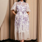 Φόρεμα maxi floral balloon μανίκια λιλά εκρού