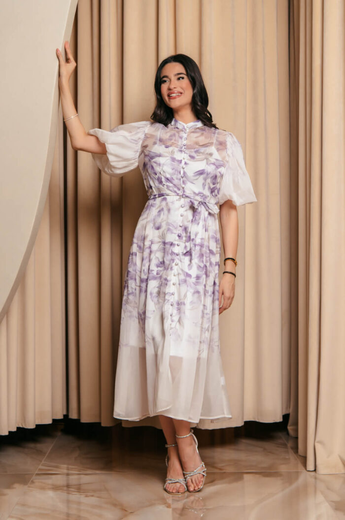 Φόρεμα maxi floral balloon μανίκια λιλά εκρού