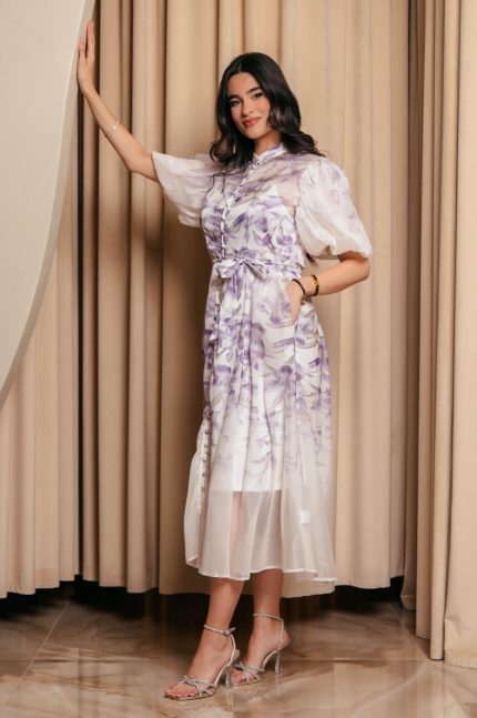 Φόρεμα maxi floral balloon μανίκια λιλά εκρού