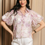 Πουκάμισο μουσελίνα με floral print και κεντημένα λουλούδια λιλά
