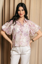 Πουκάμισο μουσελίνα με floral print και κεντημένα λουλούδια λιλά
