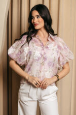 Πουκάμισο μουσελίνα με floral print και κεντημένα λουλούδια λιλά