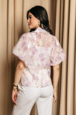 Πουκάμισο μουσελίνα με floral print και κεντημένα λουλούδια λιλά