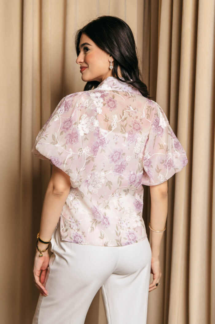 Πουκάμισο μουσελίνα με floral print και κεντημένα λουλούδια λιλά