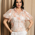 Πουκάμισο μουσελίνα με floral print και κεντημένα λουλούδια πορτοκαλί