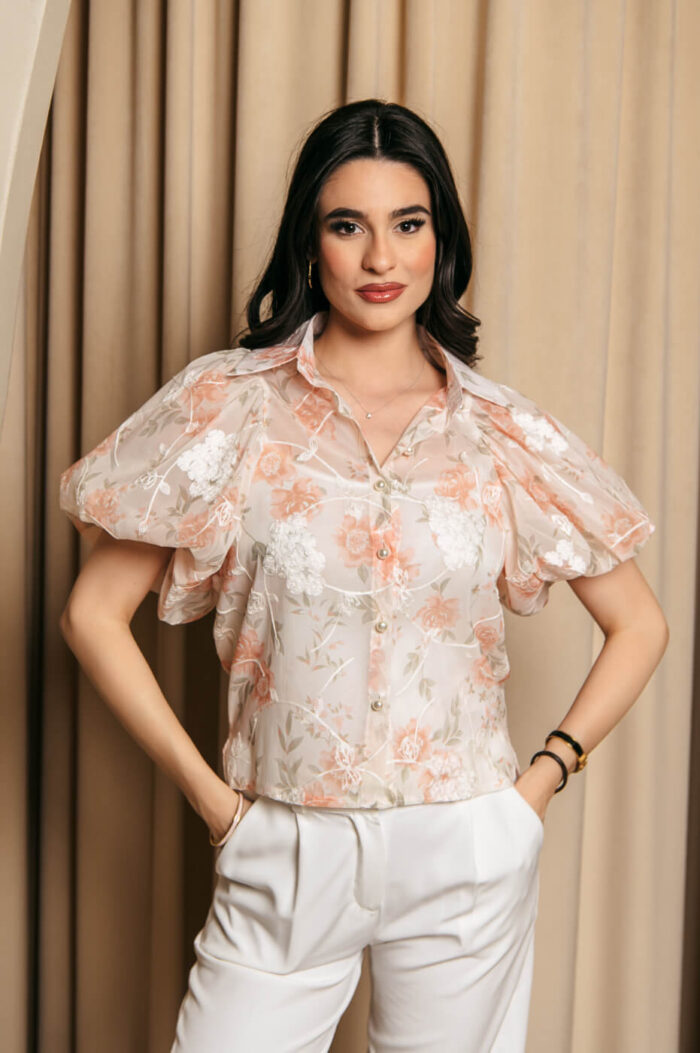 Πουκάμισο μουσελίνα με floral print και κεντημένα λουλούδια πορτοκαλί
