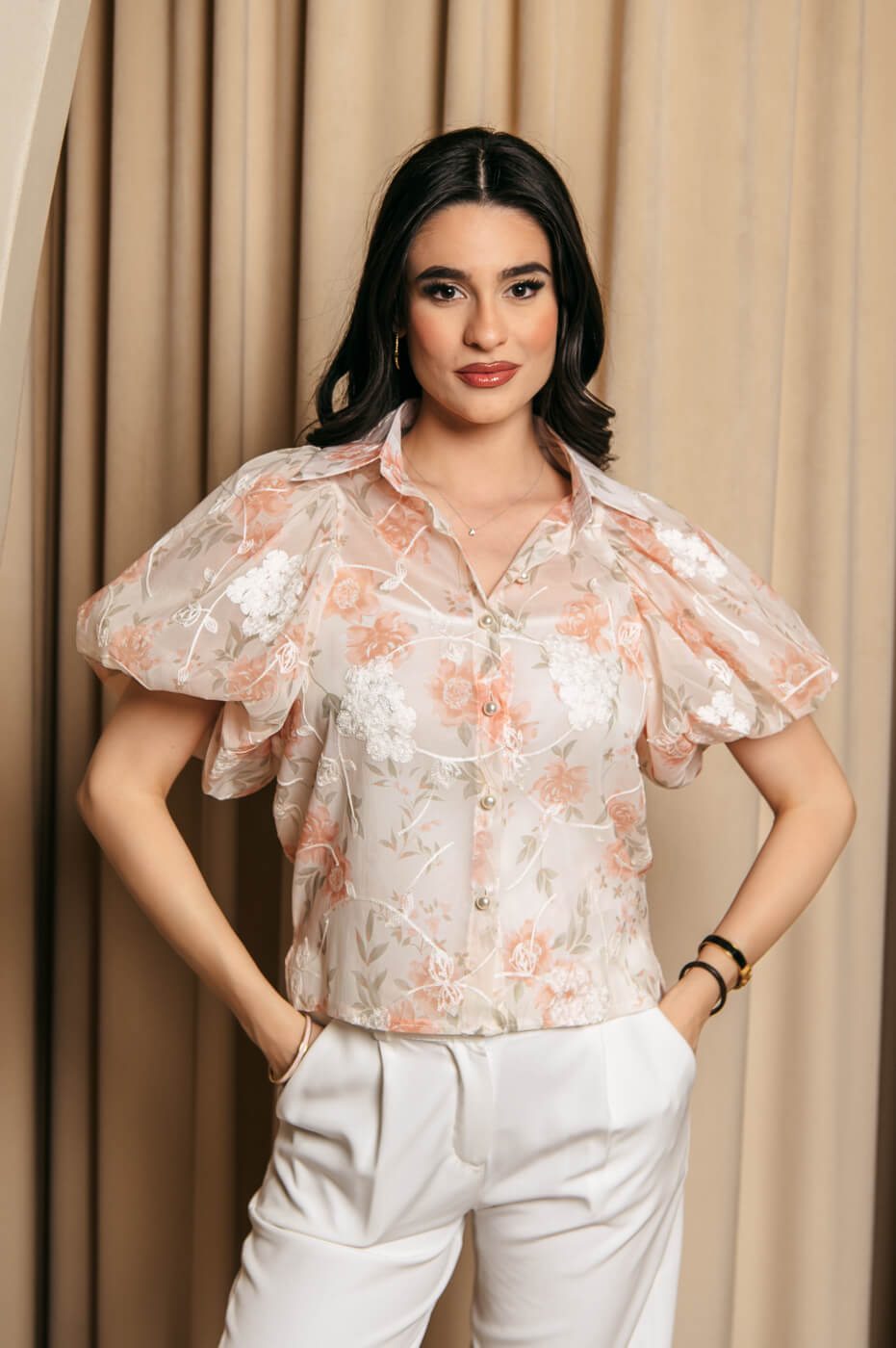 Πουκάμισο μουσελίνα με floral print και κεντημένα λουλούδια πορτοκαλί