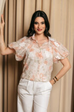 Πουκάμισο μουσελίνα με floral print και κεντημένα λουλούδια πορτοκαλί