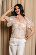 Πουκάμισο μουσελίνα με floral print και κεντημένα λουλούδια πορτοκαλί