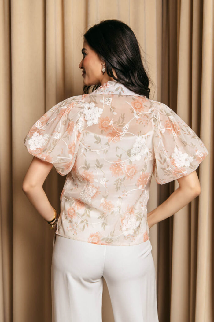 Πουκάμισο μουσελίνα με floral print και κεντημένα λουλούδια πορτοκαλί