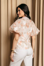 Πουκάμισο μουσελίνα με floral print και κεντημένα λουλούδια πορτοκαλί