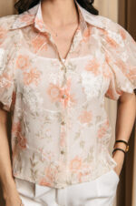 Πουκάμισο μουσελίνα με floral print και κεντημένα λουλούδια πορτοκαλί