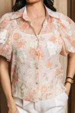 Πουκάμισο μουσελίνα με floral print και κεντημένα λουλούδια πορτοκαλί