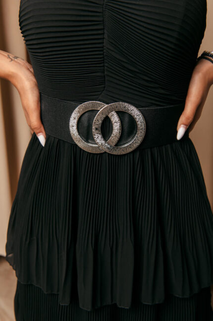 Ζώνη μαύρη ελαστική με ασημί αγκράφα σε κυκλικό μοτίβο