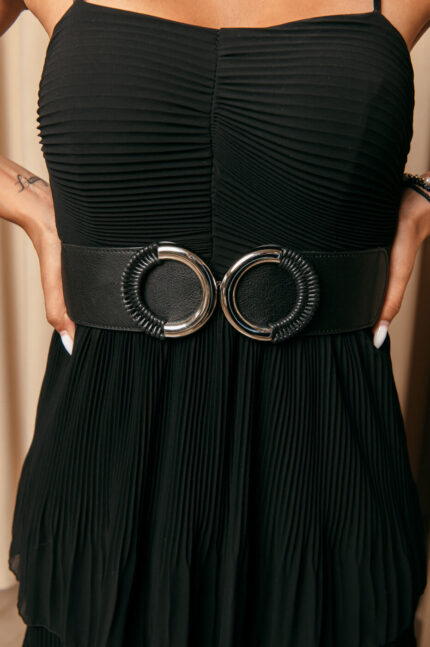 Ζώνη μαύρη ελαστική με ασημί τόκα σε κυκλικό μοτίβο