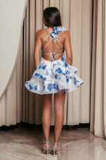 Φόρεμα mini floral print με βολάν και διακοσμητικά λουλούδια μπλε