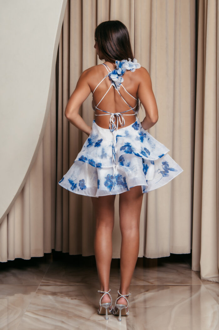 Φόρεμα mini floral print με βολάν και διακοσμητικά λουλούδια μπλε