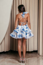 Φόρεμα mini floral print με βολάν και διακοσμητικά λουλούδια μπλε