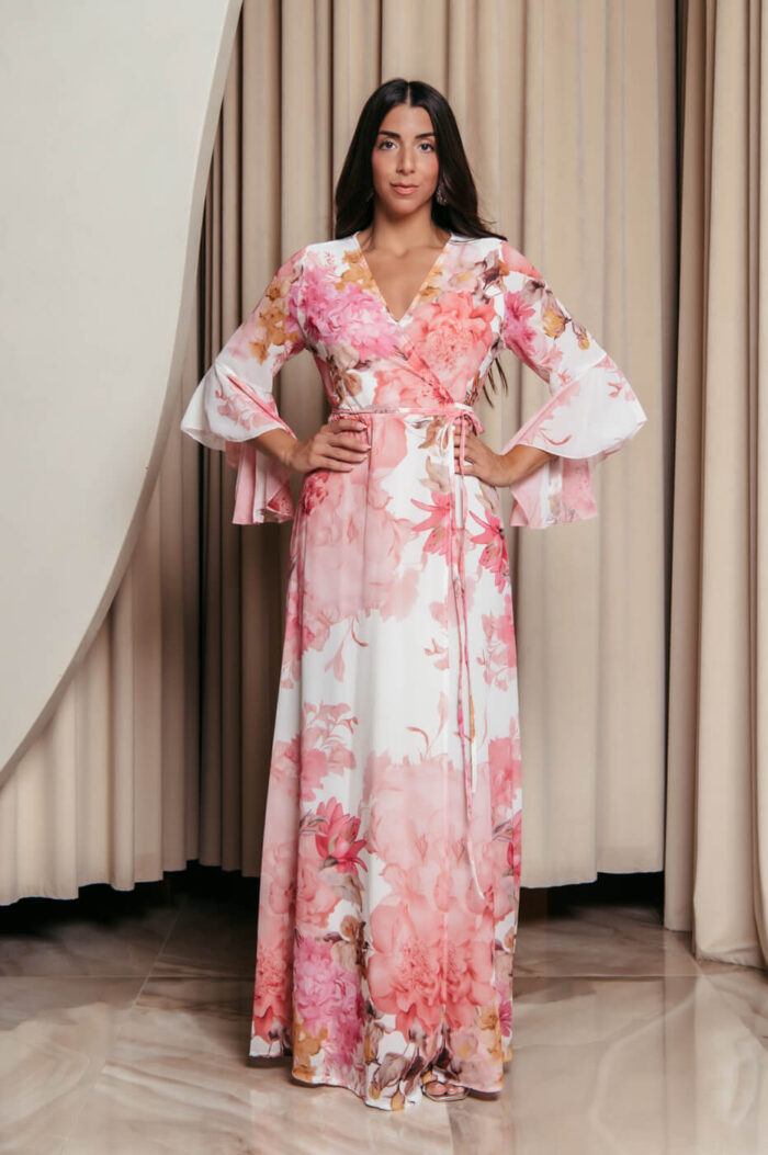 Φόρεμα maxi κιμονό κρουαζέ με ροζ floral print λευκό