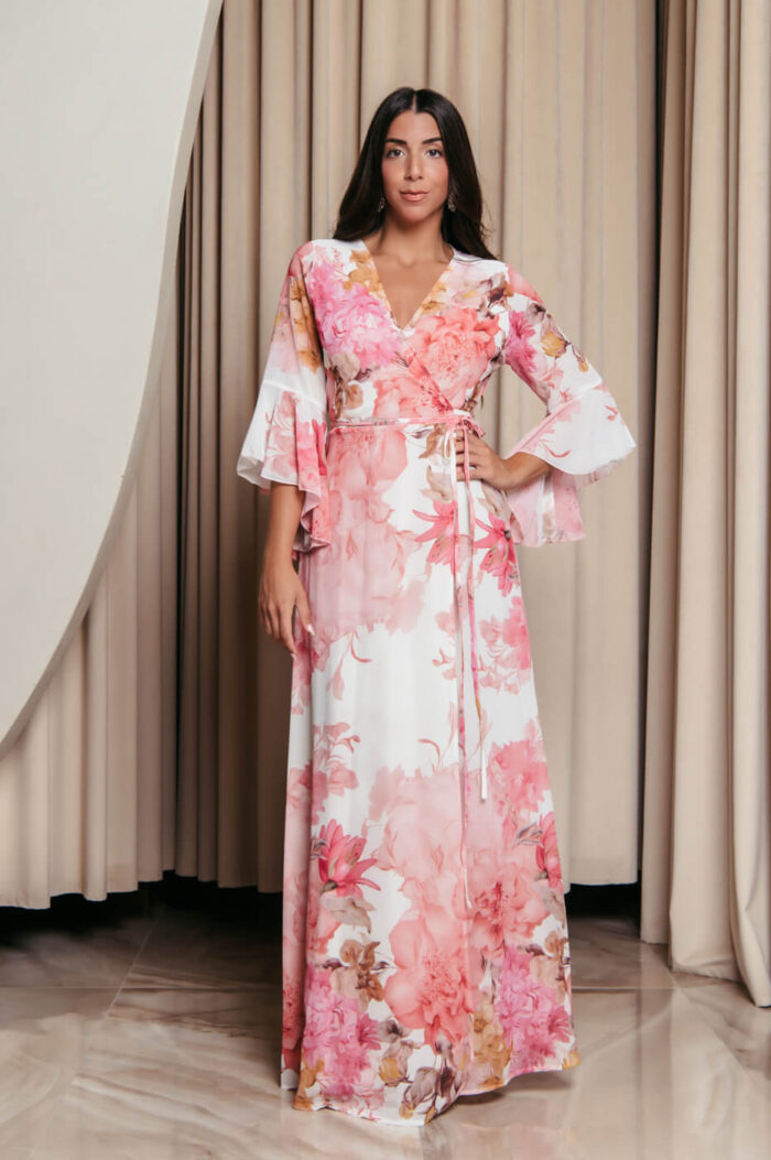 Φόρεμα maxi κιμονό κρουαζέ με ροζ floral print λευκό