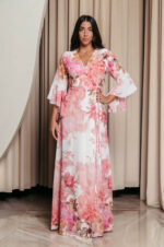 Φόρεμα maxi κιμονό κρουαζέ με ροζ floral print λευκό