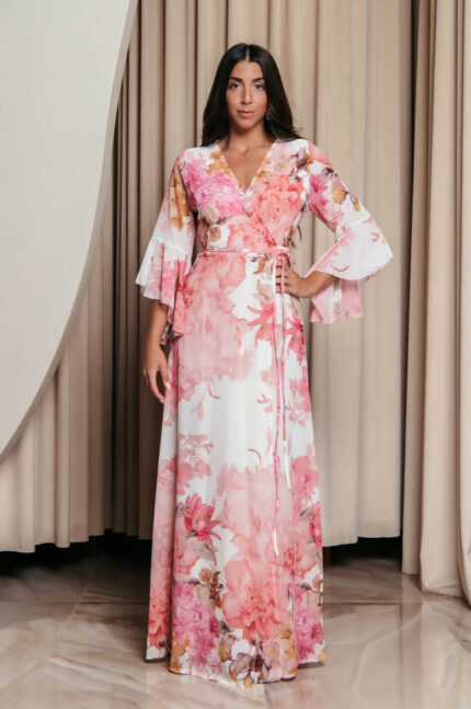 Φόρεμα maxi κιμονό κρουαζέ με ροζ floral print λευκό
