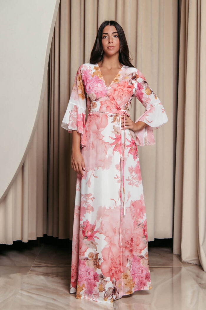 Φόρεμα maxi κιμονό κρουαζέ με ροζ floral print λευκό